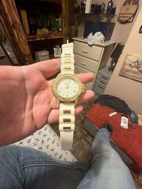 Techno Pave Quartz Watch No. 9637X Gold Tone White Silicone Band